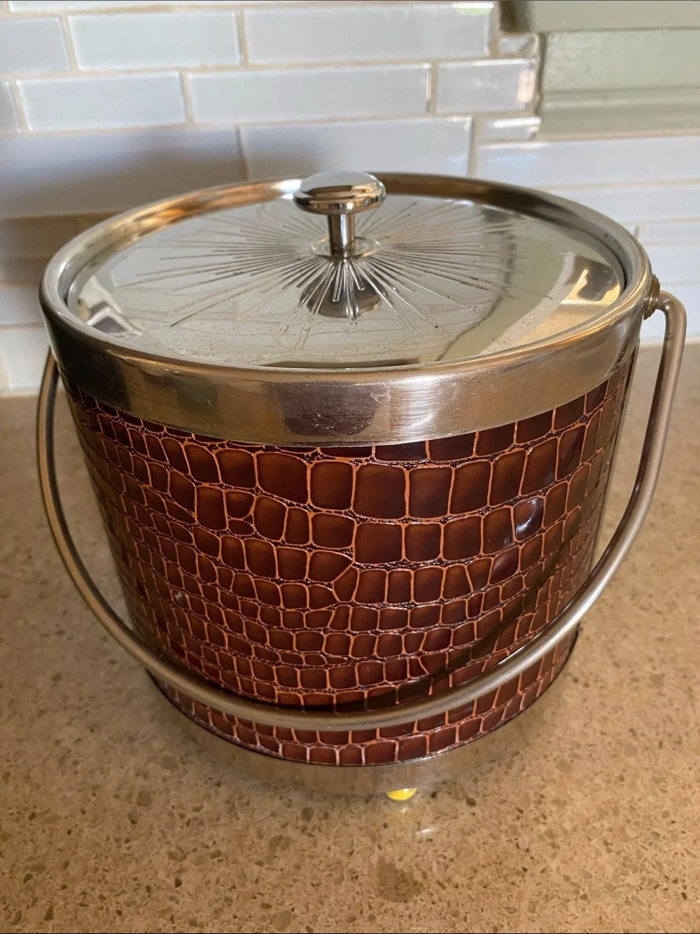 Vintage Brown Croc-Embossed Ice Bucket with Silver Tone Trim